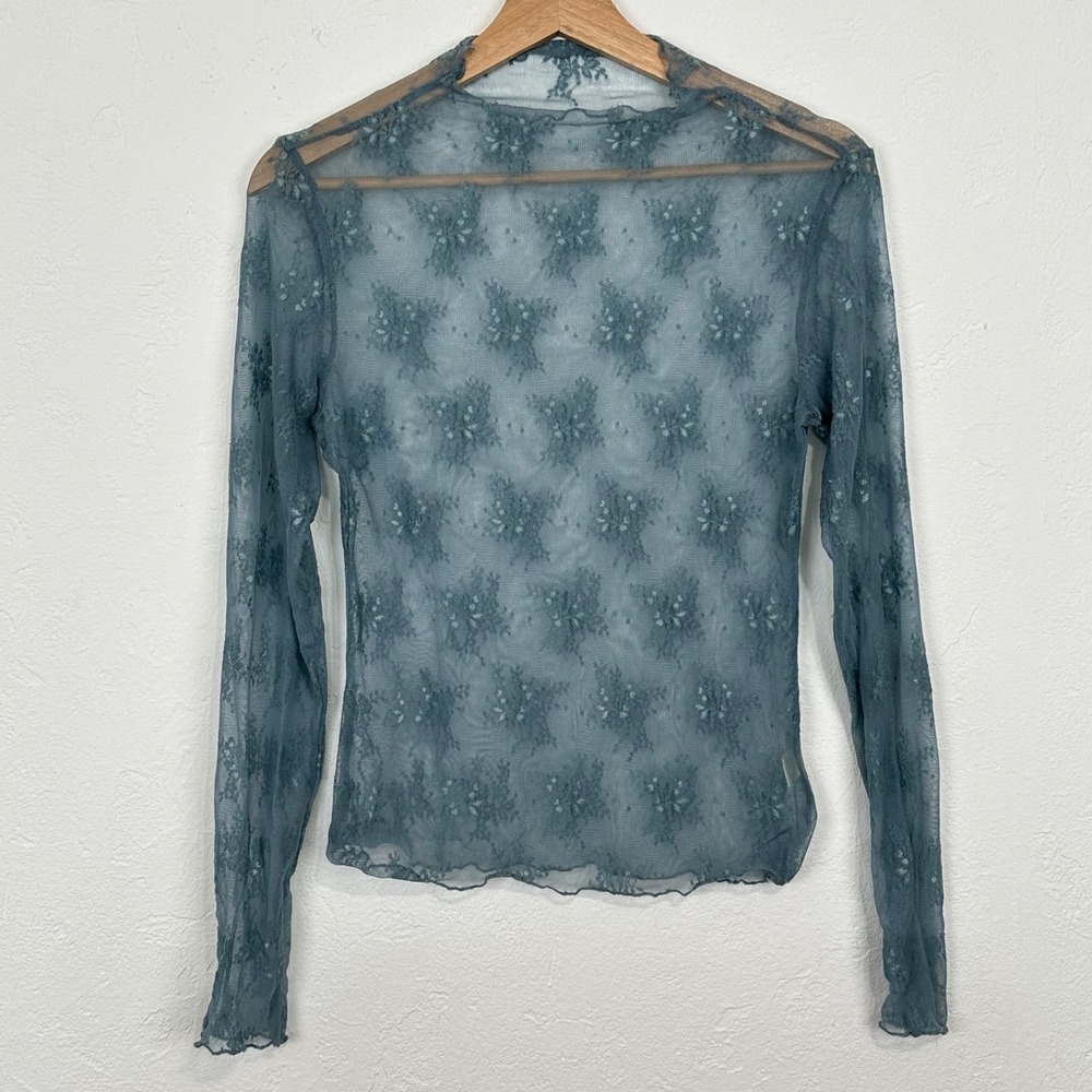 Womens Blue Sheer Lace Top Sz Small Fairy Whimsigoth Layer Long Sleeve